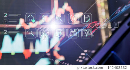 Digital real estate investment interface with glowing property icons over financial market chart Digital real estate investment interface with glowing property icons over financial market chart 142402882