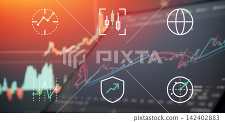 Global financial trading concept with UI investment icons over stock market candlestick charts Global financial trading concept with UI investment icons over stock market candlestick charts 142402883