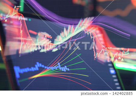 Advanced technical analysis financial chart with multiple indicators on a digital trading screen Advanced technical analysis financial chart with multiple indicators on a digital trading screen 142402885