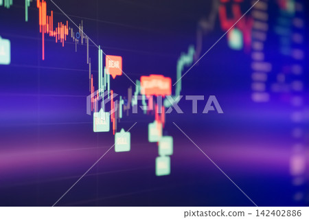 Stock market candlestick chart with bull and bear trading indicators on neon digital screen Stock market candlestick chart with bull and bear trading indicators on neon digital screen 142402886