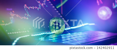 Digital crypto exchange concept. Golden Bitcoin on computer keyboard against stock market graphs. Digital crypto exchange concept. Golden Bitcoin on computer keyboard against stock market graphs. 142402911