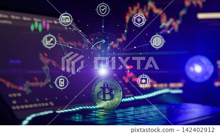 Bitcoin cryptocurrency coin on laptop keyboard with digital financial network interface and trading charts. 142402912