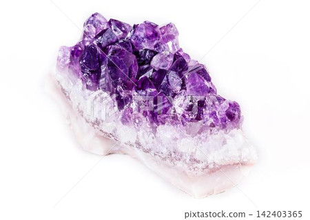 Purple and violet mineral crystal on white background Purple and violet mineral crystal on white background 142403365
