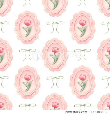 Seamless coquette pattern with pink tulips in lace frames and green bows. Hand-painted watercolor illustration isolated on white for textile, stationery, packaging, wallpaper, wrapping paper, decor Seamless coquette pattern with pink tulips in lace frames and green bows. Hand-painted watercolor illustration isolated on white for textile, stationery, packaging, wallpaper, wrapping paper, decor 142403392