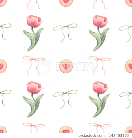 Seamless coquette pattern with charming tulips, bows, heart jam cookies. Hand-painted watercolor illustration isolated on white for textile, stationery, packaging, wallpaper, wrapping paper, decor Seamless coquette pattern with charming tulips, bows, heart jam cookies. Hand-painted watercolor illustration isolated on white for textile, stationery, packaging, wallpaper, wrapping paper, decor 142403393