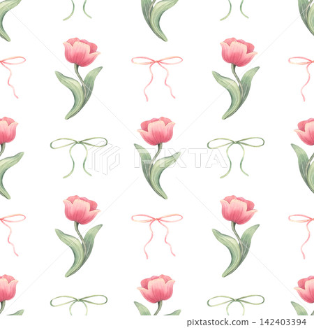 Seamless coquette pattern with charming tulips, elegant bows. Hand-painted watercolor illustration isolated on white for textile, stationery, packaging, wallpaper, fashion, wrapping paper, decor Seamless coquette pattern with charming tulips, elegant bows. Hand-painted watercolor illustration isolated on white for textile, stationery, packaging, wallpaper, fashion, wrapping paper, decor 142403394