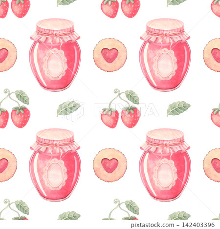 Seamless pattern with charming jam jars, strawberries, cookies. Hand-painted watercolor illustration isolated on white for kitchen textile, packaging, stationery, wallpaper, branding, design, decor Seamless pattern with charming jam jars, strawberries, cookies. Hand-painted watercolor illustration isolated on white for kitchen textile, packaging, stationery, wallpaper, branding, design, decor 142403396
