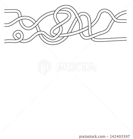 Tangled rope line art, knotted cord with loops and crossed ends along bottom edge, black contour on white. Messy string tangle for border and divider design, simple knot scene. Rope tangle band Tangled rope line art, knotted cord with loops and crossed ends along bottom edge, black contour on white. Messy string tangle for border and divider design, simple knot scene. Rope tangle band 142403397