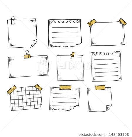 White memo notes with yellow tape and clips. Hand drawn stationery collection with pushpins. Blank paper elements with curled corners. 142403398