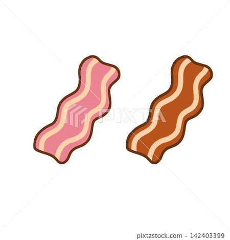 Raw and fried bacon strips. Pink and brown crispy slices. Breakfast food cartoon icons. Raw and fried bacon strips. Pink and brown crispy slices. Breakfast food cartoon icons. 142403399