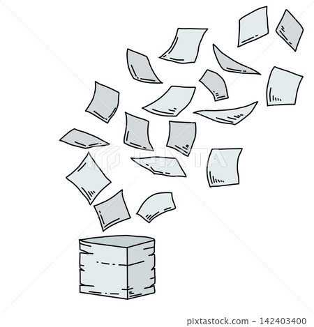 Flying papers with stack, hand drawn scattered document pages and paper pile. Office paperwork collection, blank note papers isolated on white. Flying papers with stack, hand drawn scattered document pages and paper pile. Office paperwork collection, blank note papers isolated on white. 142403400
