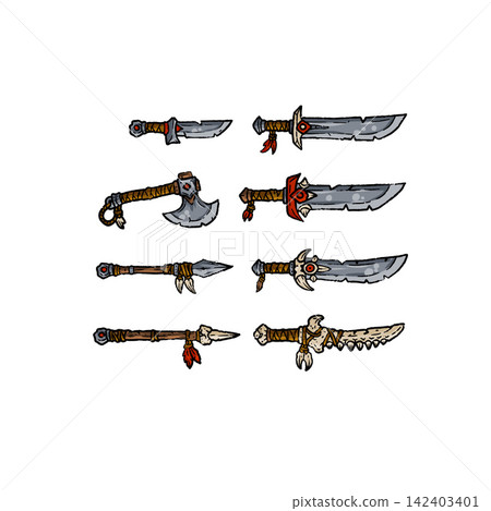 Weapons set primitive, hand drawn swords axes spears, tribal bone armory gear. Fantasy game medieval battle collection, barbarian icons. Weapons set primitive steel Weapons set primitive, hand drawn swords axes spears, tribal bone armory gear. Fantasy game medieval battle collection, barbarian icons. Weapons set primitive steel 142403401