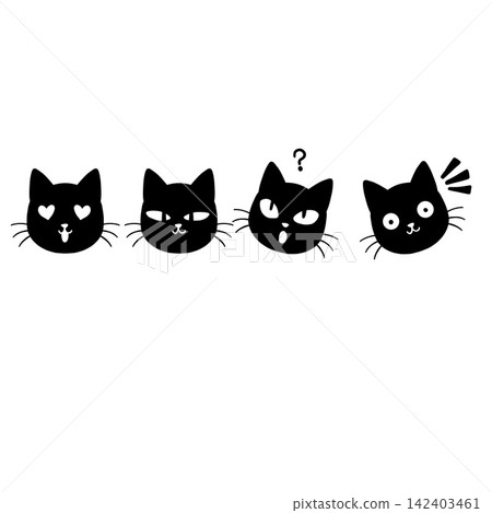 Black cat emoji set, four funny faces with love surprise and joy emotions, cute pet icons. Kitten expressions row, playful moods collection, flat animal symbols. Cat emoticon pack Black cat emoji set, four funny faces with love surprise and joy emotions, cute pet icons. Kitten expressions row, playful moods collection, flat animal symbols. Cat emoticon pack 142403461