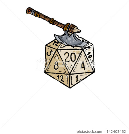 D20 dice axe, hand drawn battle axe stuck top, tabletop game die icon. Fantasy rpg gambling emblem, dice twenty sides beige wood steel. D20 dice axe warrior D20 dice axe, hand drawn battle axe stuck top, tabletop game die icon. Fantasy rpg gambling emblem, dice twenty sides beige wood steel. D20 dice axe warrior 142403462