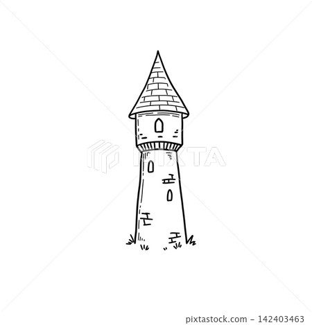 Castle tower with conical roof, hand drawn medieval turret sketch. Simple line art fortress element with windows and grass base. Medieval architecture doodle. Castle tower with conical roof, hand drawn medieval turret sketch. Simple line art fortress element with windows and grass base. Medieval architecture doodle. 142403463