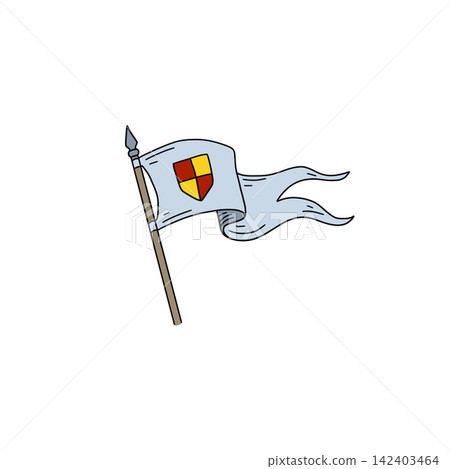 Medieval flag with red and yellow shield emblem, colorful banner on wooden pole. Cartoon style heraldry symbol waving in wind, isolated graphic. Medieval flag with red and yellow shield emblem, colorful banner on wooden pole. Cartoon style heraldry symbol waving in wind, isolated graphic. 142403464