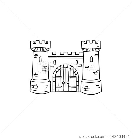 Medieval castle gate with two towers, hand drawn fortress entrance sketch. Simple line art stone archway with wooden doors and crenellations. Historic fortification doodle element. Medieval castle gate with two towers, hand drawn fortress entrance sketch. Simple line art stone archway with wooden doors and crenellations. Historic fortification doodle element. 142403465