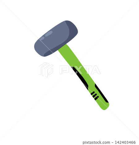 Hammer tool icon, grey mallet head with green handle isolated on white background. Construction repair equipment, workshop object, flat design graphic. Hammer tool icon, grey mallet head with green handle isolated on white background. Construction repair equipment, workshop object, flat design graphic. 142403466