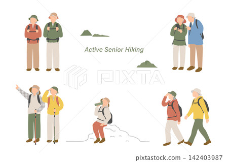 一組插圖,描繪了一對老年夫婦享受登山和徒步旅行的場景。 一組插圖,描繪了一對老年夫婦享受登山和徒步旅行的場景。 142403987