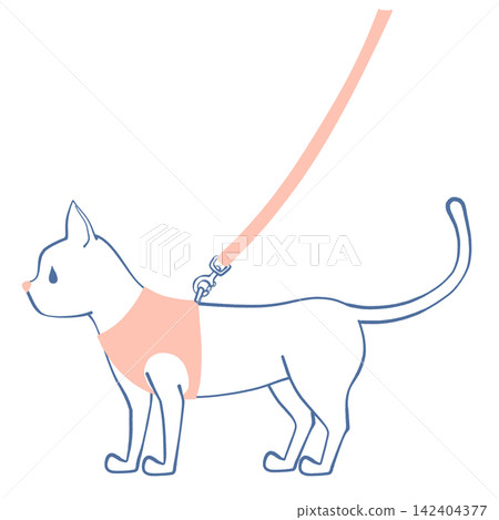 An illustration of a cat wearing a harness and leash. An illustration of a cat wearing a harness and leash. 142404377