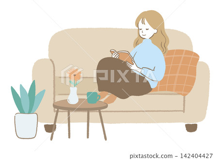 一位女士在沙發上看書(配有室內設計圖) 一位女士在沙發上看書(配有室內設計圖) 142404427