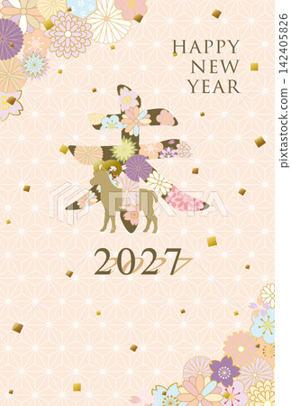 2027羊年新年賀卡模板,採用日式花卉圖案。 2027羊年新年賀卡模板,採用日式花卉圖案。 142405826