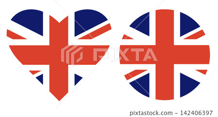 United Kingdom flag isolated in circle and heart shape set. United Kingdom flag isolated in circle and heart shape set. 142406397