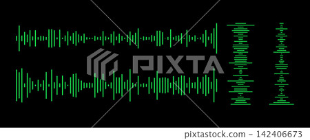 Green sound wave bars. Green diagram, chart or signal concept. Podcast, music or audio track sample or voice message. Equalizer elements set. Green sound wave bars. Green diagram, chart or signal concept. Podcast, music or audio track sample or voice message. Equalizer elements set. 142406673