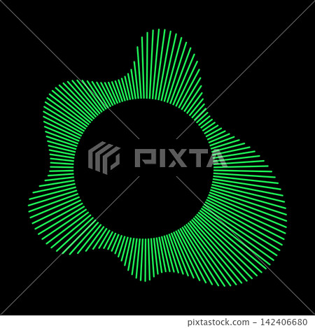 Radial rays design element. Green equalizer logo. Depicting audio music simple icon. Sound ring layout. Radial wavy frame. Circular wave, radial spectrum. Voice flat symbol.  142406680