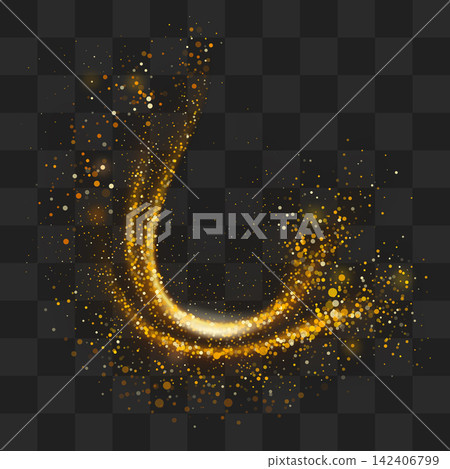 Golden sparkling decoration. Magical dust wave on transparent background. Gold glitter abstract wave Golden sparkling decoration. Magical dust wave on transparent background. Gold glitter abstract wave 142406799