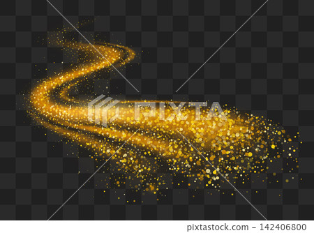 Golden sparkling decoration. Magical dust wave on transparent background. Gold glitter abstract wave Golden sparkling decoration. Magical dust wave on transparent background. Gold glitter abstract wave 142406800