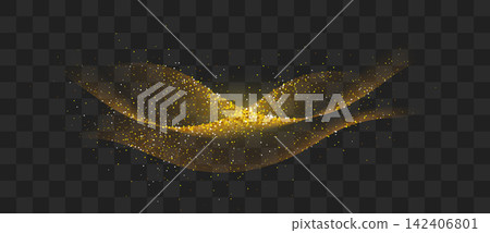 Golden sparkling decoration. Magical dust wave on transparent background. Gold glitter abstract wave Golden sparkling decoration. Magical dust wave on transparent background. Gold glitter abstract wave 142406801