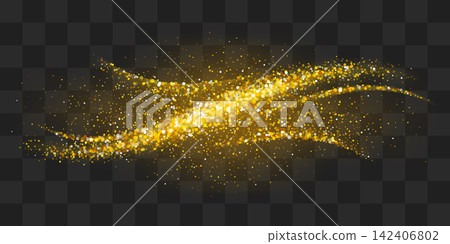 Golden sparkling decoration. Magical dust wave on transparent background. Gold glitter abstract wave Golden sparkling decoration. Magical dust wave on transparent background. Gold glitter abstract wave 142406802