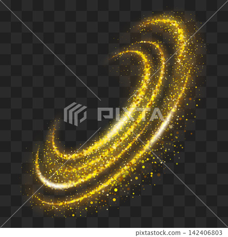 Golden sparkling decoration. Magical dust wave on transparent background. Gold glitter abstract circle wave Golden sparkling decoration. Magical dust wave on transparent background. Gold glitter abstract circle wave 142406803