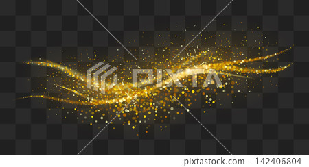 Golden sparkling decoration. Magical dust wave on transparent background. Gold glitter abstract wave Golden sparkling decoration. Magical dust wave on transparent background. Gold glitter abstract wave 142406804