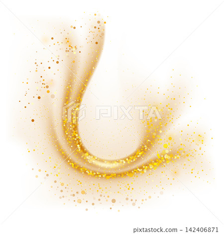 Golden sparkling decoration. Magical dust wave on transparent background. Gold glitter abstract wave Golden sparkling decoration. Magical dust wave on transparent background. Gold glitter abstract wave 142406871