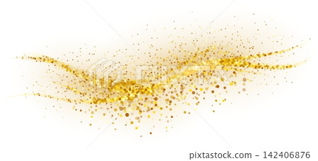Golden sparkling decoration. Magical dust wave on transparent background. Gold glitter abstract wave Golden sparkling decoration. Magical dust wave on transparent background. Gold glitter abstract wave 142406876