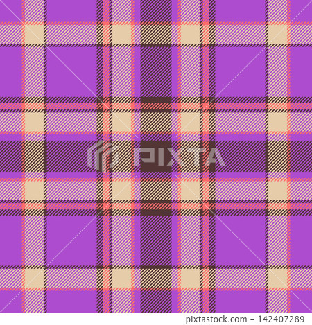 Effect tartan texture textile, old pattern fabric vector. Us plaid check seamless background in purple and red colors. Effect tartan texture textile, old pattern fabric vector. Us plaid check seamless background in purple and red colors. 142407289