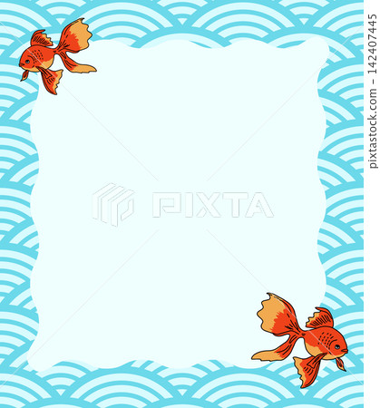 Japanese-style summer frame illustration featuring goldfish and a wave pattern. Japanese-style summer frame illustration featuring goldfish and a wave pattern. 142407445