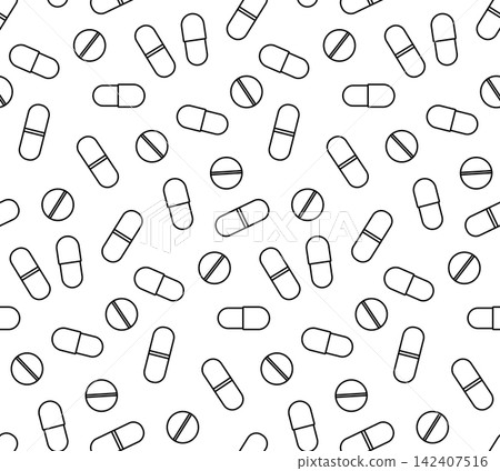 Medical pills, tablets, and capsules Pills Pharmacy seamless pattern hand drawn illustration. Vector graphic line art. For poster, flyer, banner, invitation, social media, party or sale Medical pills, tablets, and capsules Pills Pharmacy seamless pattern hand drawn illustration. Vector graphic line art. For poster, flyer, banner, invitation, social media, party or sale 142407516