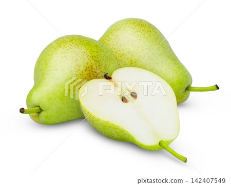 Pear and half of pear isolated on white background. Green pears with clipping path. Pear and half of pear isolated on white background. Green pears with clipping path. 142407549