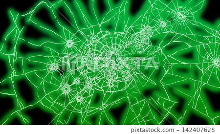Glowing, cracked bullet hole pattern on a black background (green) Glowing, cracked bullet hole pattern on a black background (green) 142407628