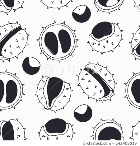 Seamless Pattern with Chestnut Hand Drawn. Black Doodles Autumn Harvest, Whole Cracked and Spiky Shells with Nut on White Background. Vector illustration for seasonal Botanical Design. Seamless Pattern with Chestnut Hand Drawn. Black Doodles Autumn Harvest, Whole Cracked and Spiky Shells with Nut on White Background. Vector illustration for seasonal Botanical Design. 142408039