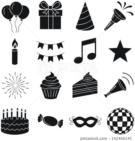 This image displays a collection of sixteen black-and-white silhouette icons related to birthdays and celebrations This image displays a collection of sixteen black-and-white silhouette icons related to birthdays and celebrations 142408145