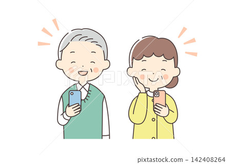 Illustration of the upper bodies of a senior man and woman laughing while holding smartphones. Illustration of the upper bodies of a senior man and woman laughing while holding smartphones. 142408264