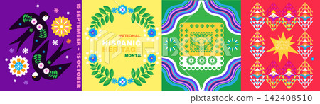 National Hispanic heritage month greeting card with girl, women, papel picado, guitar Hispanic and Latino Americans culture, event Celebrate in United States Vector illustration template background National Hispanic heritage month greeting card with girl, women, papel picado, guitar Hispanic and Latino Americans culture, event Celebrate in United States Vector illustration template background 142408510