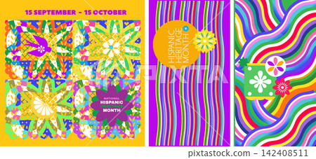 National Hispanic heritage month greeting card with girl, women, papel picado, guitar Hispanic and Latino Americans culture, event Celebrate in United States Vector illustration template background 142408511