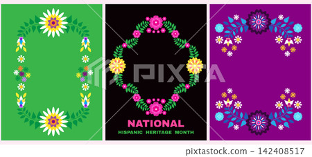 Collection floral frames for National Hispanic Heritage Month, spanish culture America celebrate Vertical banner Vector colorful cute set illustration Collection floral frames for National Hispanic Heritage Month, spanish culture America celebrate Vertical banner Vector colorful cute set illustration 142408517