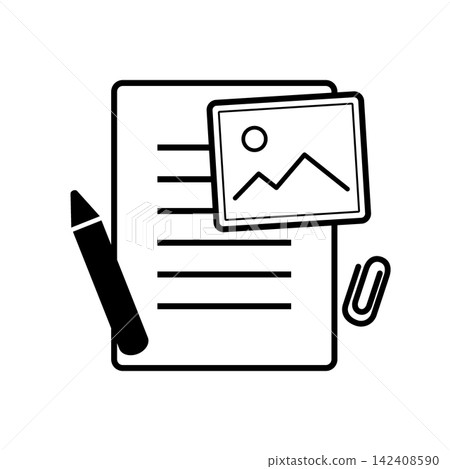 A simple line drawing illustration combining documents, a pen, a photograph, and a paper clip. A simple line drawing illustration combining documents, a pen, a photograph, and a paper clip. 142408590