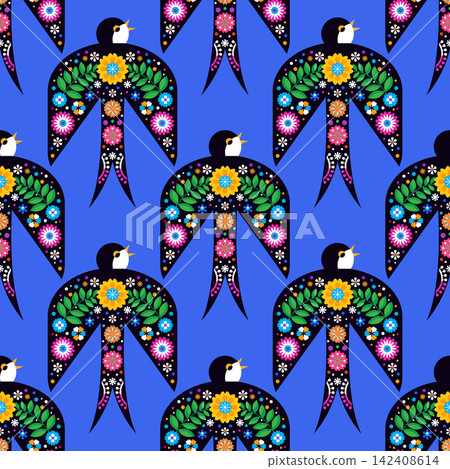 Swallow seamless pattern for National Hispanic Heritage Month, spanish culture America celebrate template with birds, floral foliage Vector colorful cute ornament illustration Swallow seamless pattern for National Hispanic Heritage Month, spanish culture America celebrate template with birds, floral foliage Vector colorful cute ornament illustration 142408614